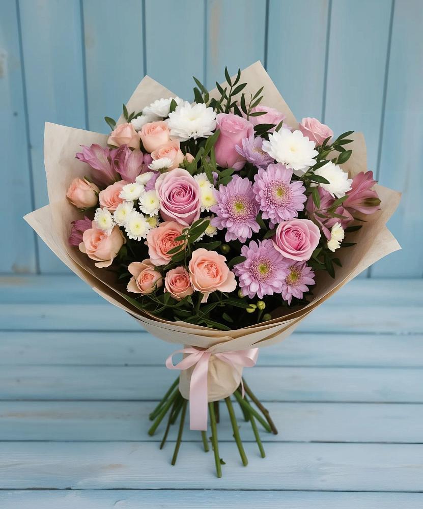 Букет цветов из: Хризантемы, Розы и Альстромерии в Непецино