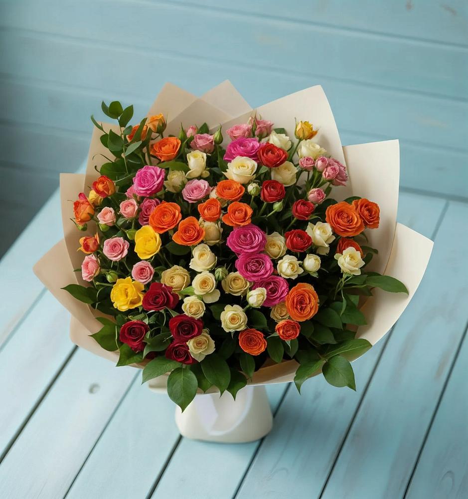 Букет Микс из разноцветных кустовых роз в Непецино