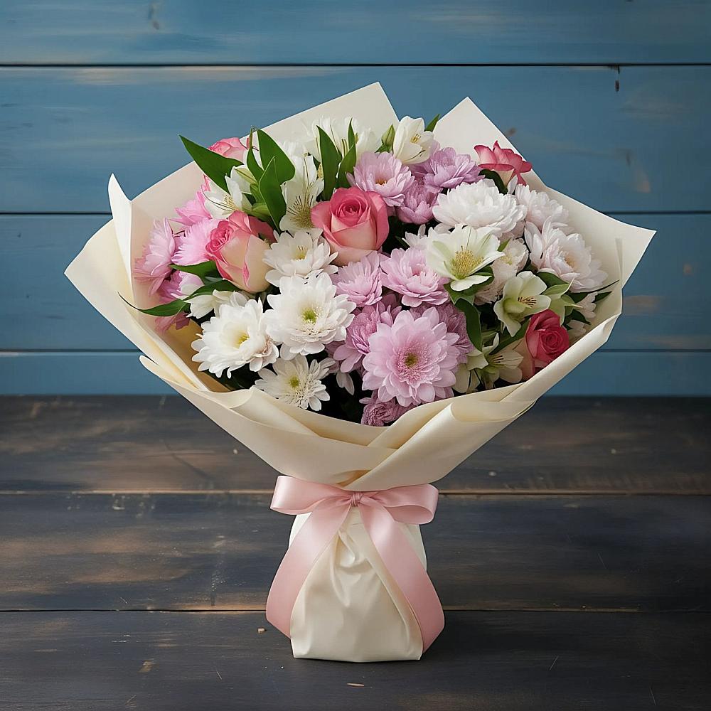 Букет цветов из: Хризантемы, Альстромерии и Розы в Непецино